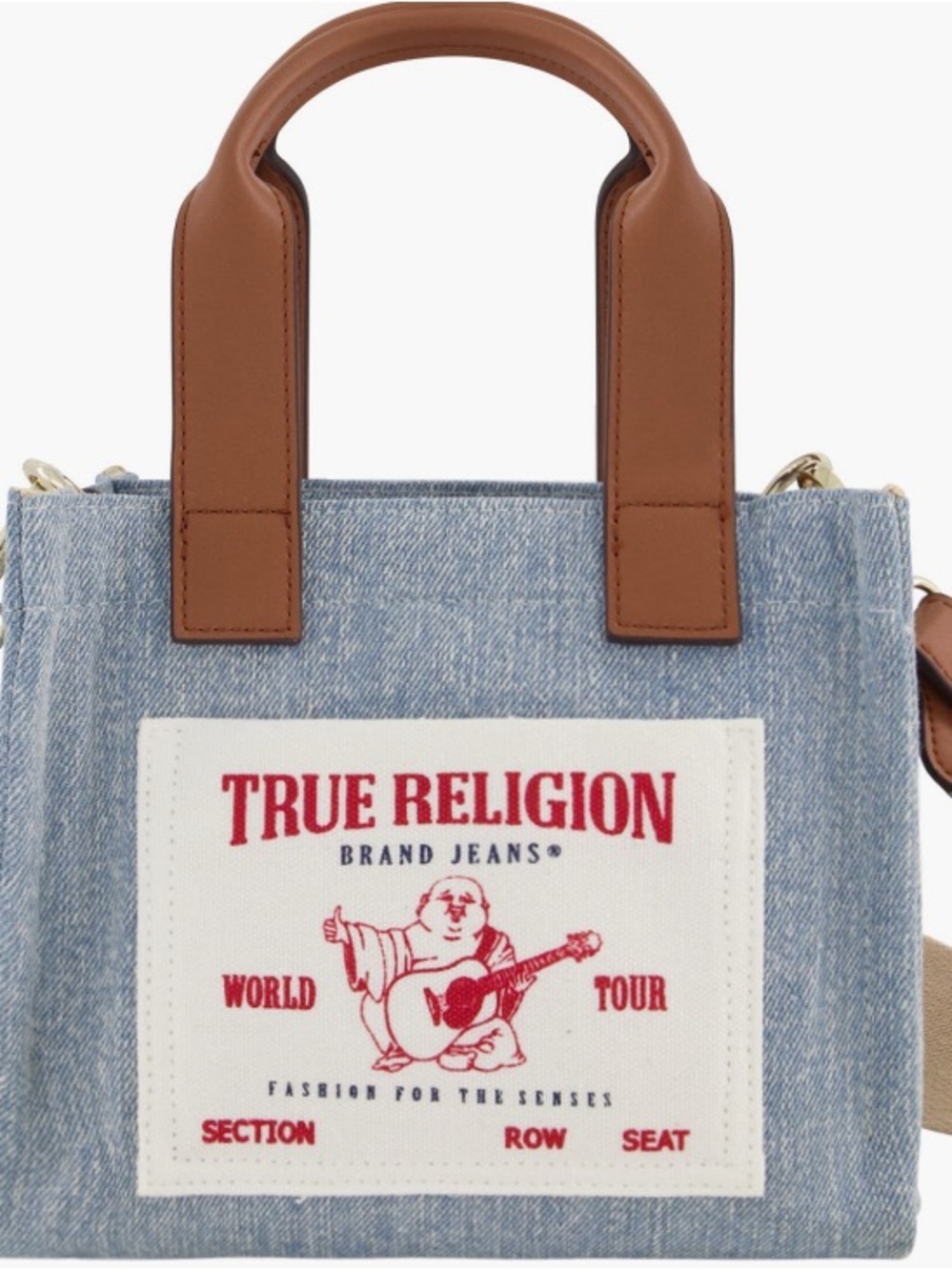 True Religion Blue Denim Messenger Bag with Brown Leather Handles